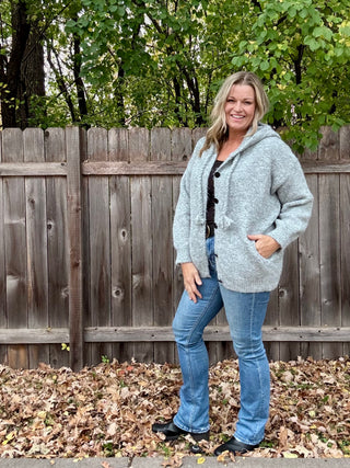 Button-Up Hooded Fuzzy Knit Cardigan