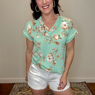 Mint Floral Ribbed Top