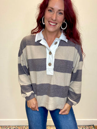 Gray/Cream Striped Hacci Polo Sweater