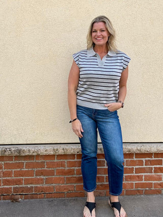 Grey/Black Striped Collared Sweater Sleeveless Top