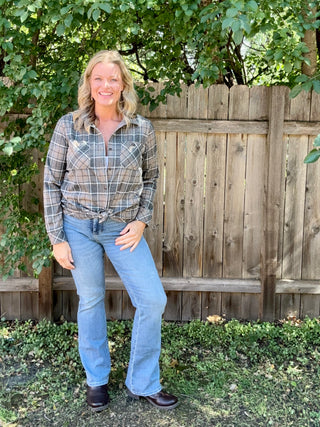 Soft Gray, Tan, White Stretch Plaid Button Up