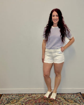 Navy Pointelle Striped Short Sleeve Sweater