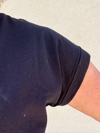 Black Round Neck Folded Sleeve Tee
