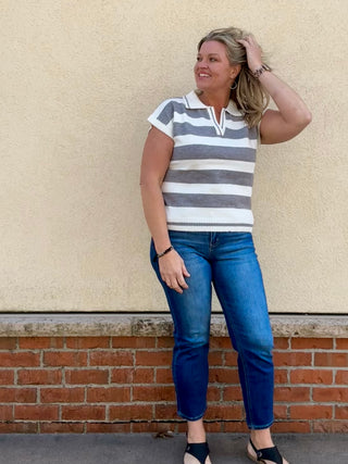 Grey Striped Collared Short Sleeve Sweater