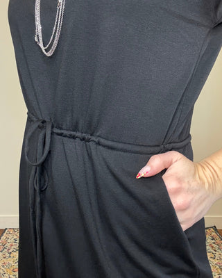 Black Drawstring Waist Terry Dress