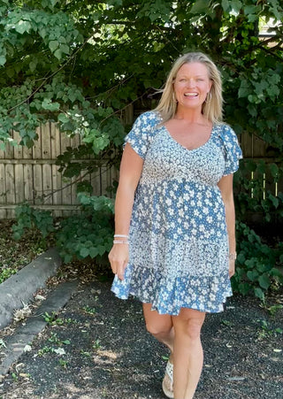 Short Sleeve Blue/White Floral Smocked Bodice Dress