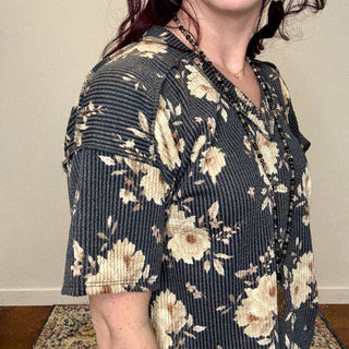 Charcoal Floral Ribbed Top