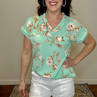 Mint Floral Ribbed Top