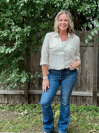 Light Olive Striped Collard Light Weight Button Down Top