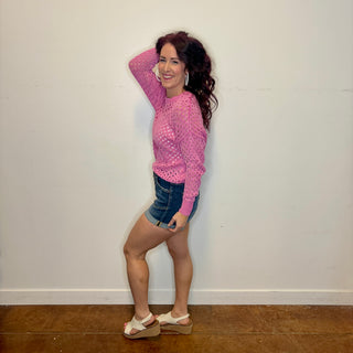 Pink Open Knit Long Sleeve Sweater Top