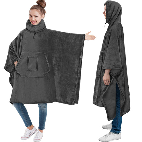 Neck Warmer Hooded Poncho Blanket: Charcoal / Fleece