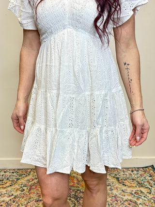 White V-Neck Embroidered Short Sleeve Dress