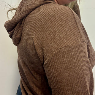 Brown Ribbed Pullover Hoodie