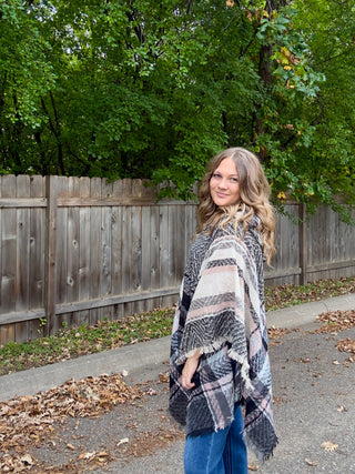 Black, Cream, Blush Plaid Hooded Poncho