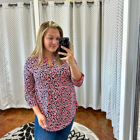 Coral Damask 3/4 Sleeve Top