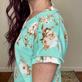Mint Floral Ribbed Top