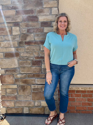 Dusty Teal Woven Airflow Short Sleeve Split Neck Top