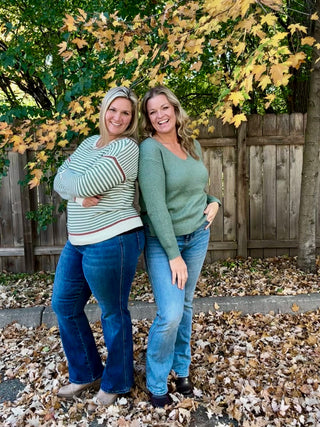 Dark Sage Striped Crew Neck Pullover