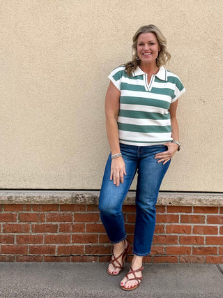 Jade Striped Collared Short Sleeve Sweater