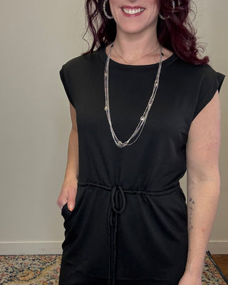 Black Drawstring Waist Terry Dress