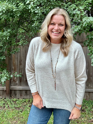 Oatmeal Oversized Crewneck Sweater with Ribbed Contrast Details