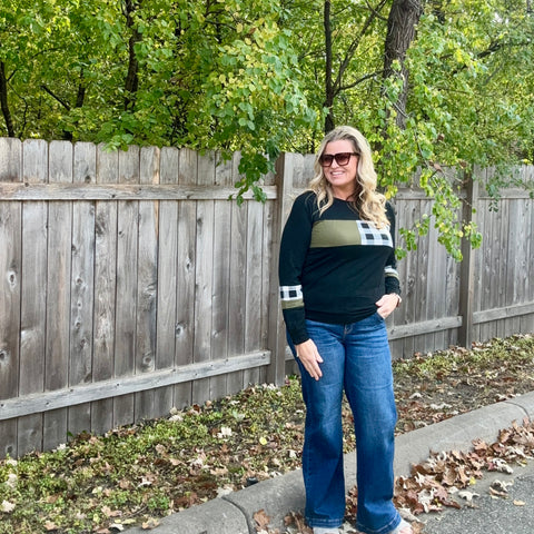 Black, Olive, White Buffalo Colorblock Plaid Top