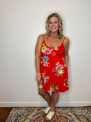 Red Flower Print Mini Tank Dress