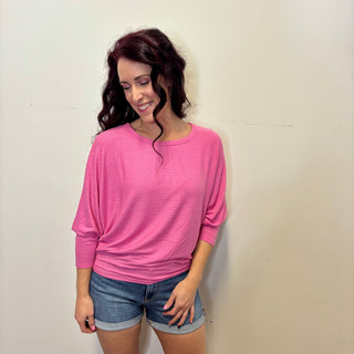 Pink Ribbed 3/4 Sleeve Dolman Top