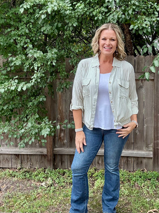 Light Olive Striped Collard Light Weight Button Down Top