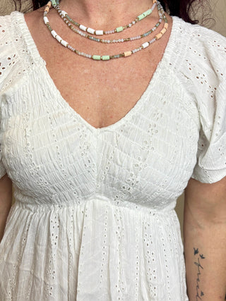 White V-Neck Embroidered Short Sleeve Dress