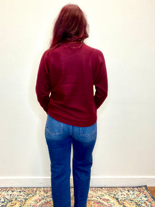 Dark Burgundy Front Seam Round-Neck Sweater