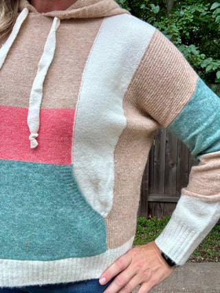 Tan, Teal, Cream, Coral Color Block Sweater Hoodie