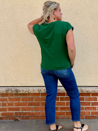 Dark Green Round Neck Folded Sleeve Tee