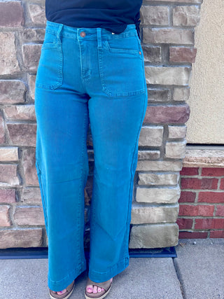 Judy Blue Mid Rise Teal Mr Utility Wide Leg Jean
