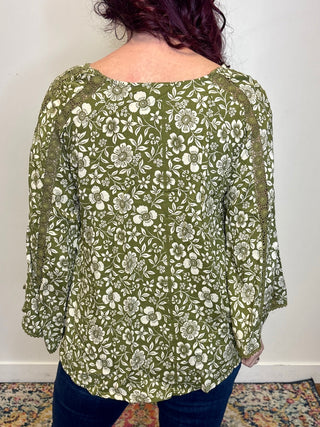 Green Lace Inset Bell Sleeve Blouse
