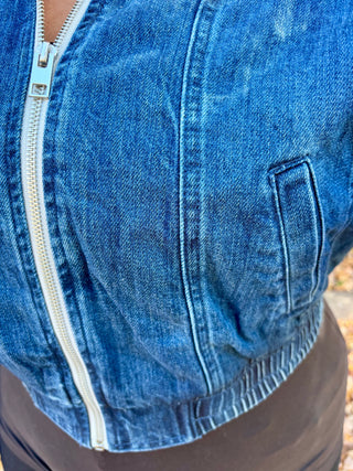 Risen Dark Denim Bomber Jacket with Gray Contrast Hoodie Top