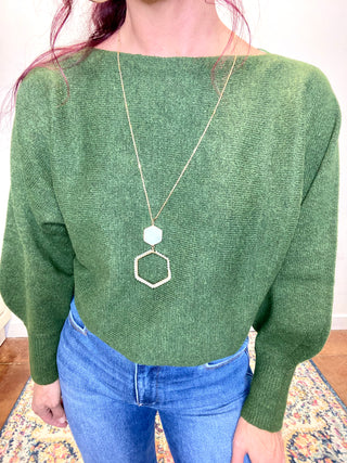 Dark Olive Boat Neck Balloon Sleeve Sweater