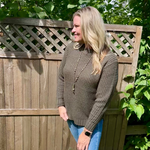 Olive Long Sleeve Round Neck Waffle Knit Sweater
