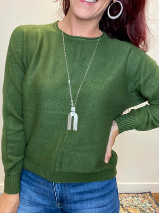 Army Green Front Seam Round-Neck Sweater