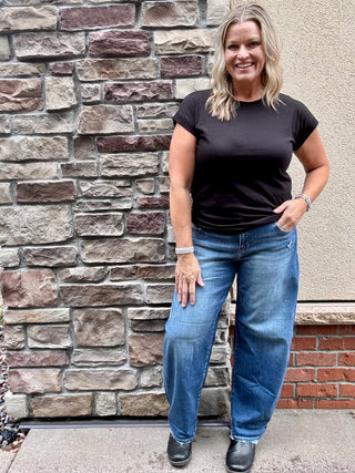 Risen Mid Rise Barrel Double Roll Up Stretch Jeans