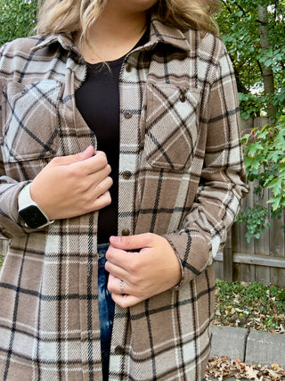 Light Brown, White, Black Stretch Plaid Button Up