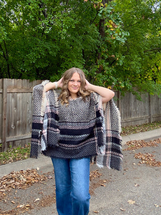 Black, Cream, Blush Plaid Hooded Poncho