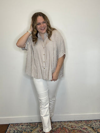 Oversized Brown Striped Button Down Short Sleeve