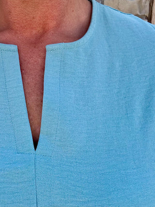 Dusty Teal Woven Airflow Short Sleeve Split Neck Top