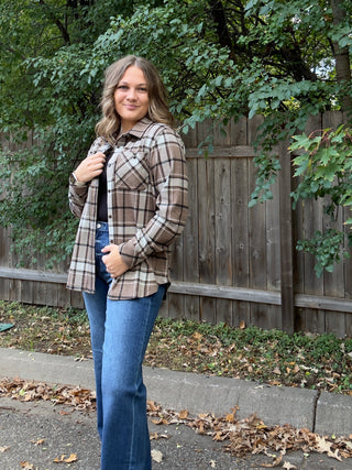 Light Brown, White, Black Stretch Plaid Button Up