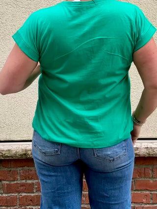 Kelly Green  Round Neck Folded Sleeve Tee