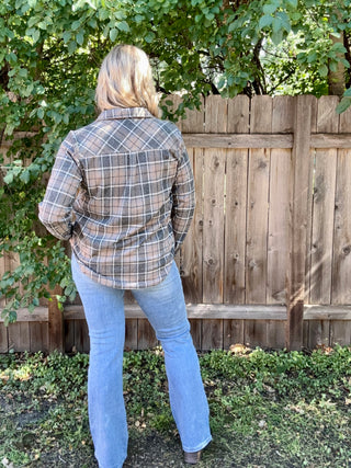 Soft Gray, Tan, White Stretch Plaid Button Up