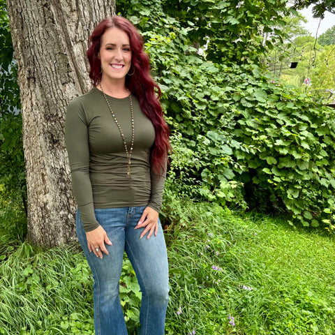 Olive Basic Round Neck Long Sleeve