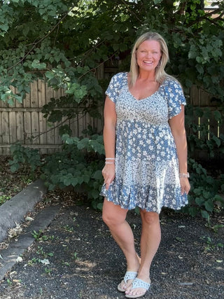 Short Sleeve Blue/White Floral Smocked Bodice Dress