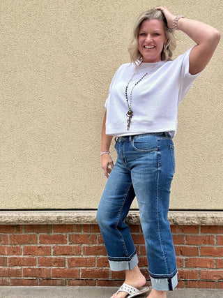 Risen Mid Rise Straight Leg Cuffed Jeans